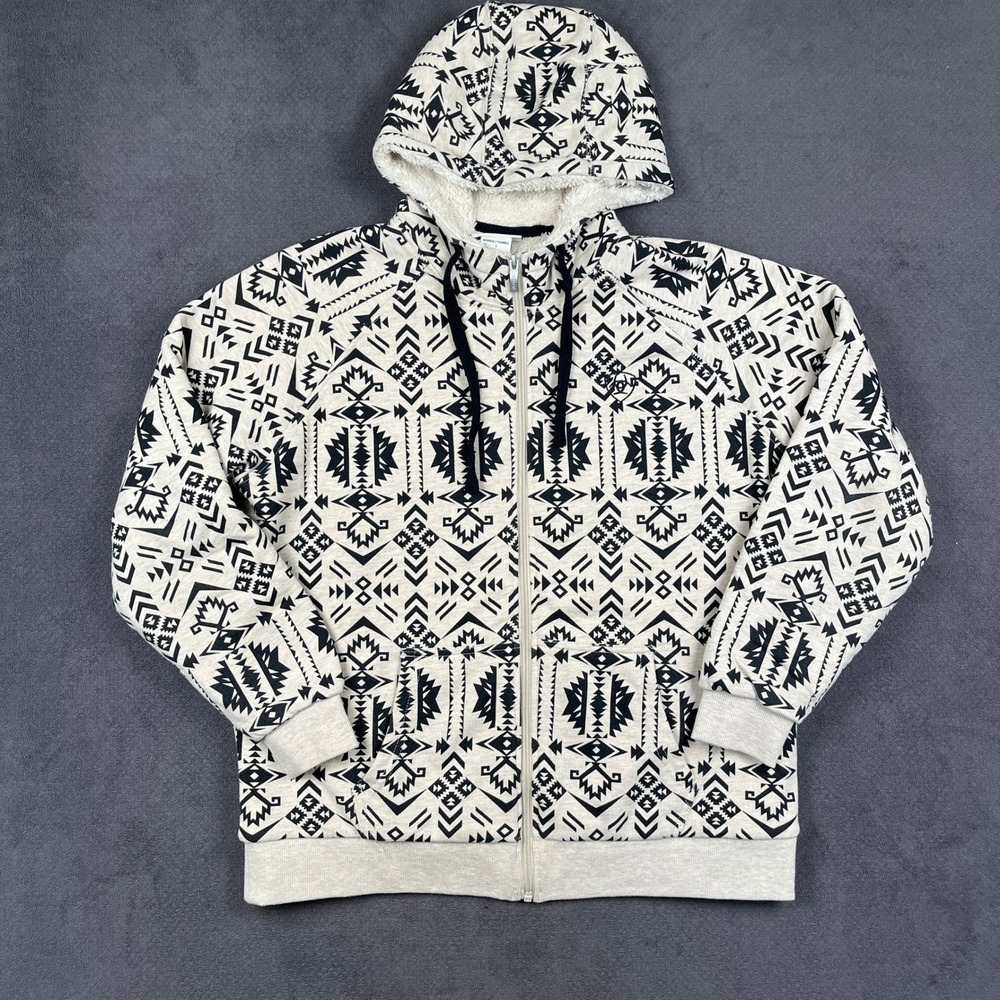 Ariat REAL Full Zip Hoodie Womens Large White Black Oaxaca Aztec Sherpa Lined
